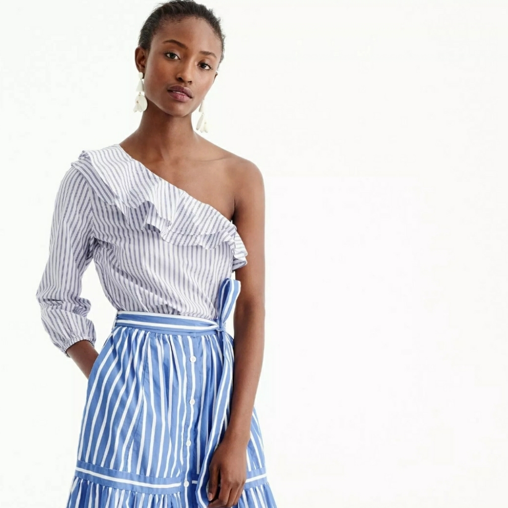 J. Crew Blue/White Striped One Shoulder Ruffle Top Size 6